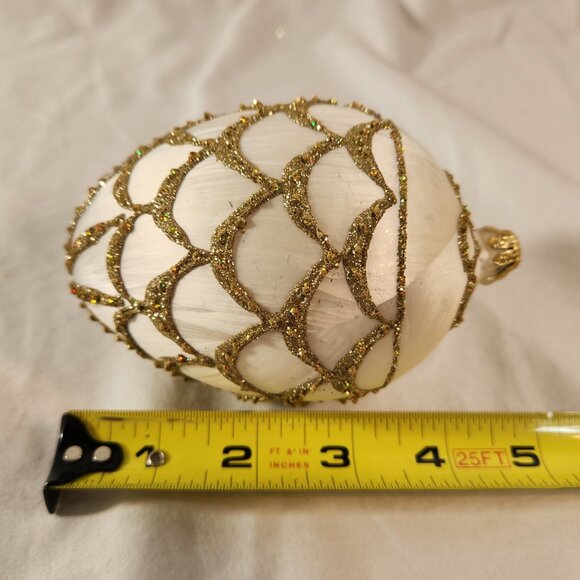 Faberge Inspired Handmade Glass Egg Ornament White Gold Glitter Reflective Embel - Picture 10 of 11